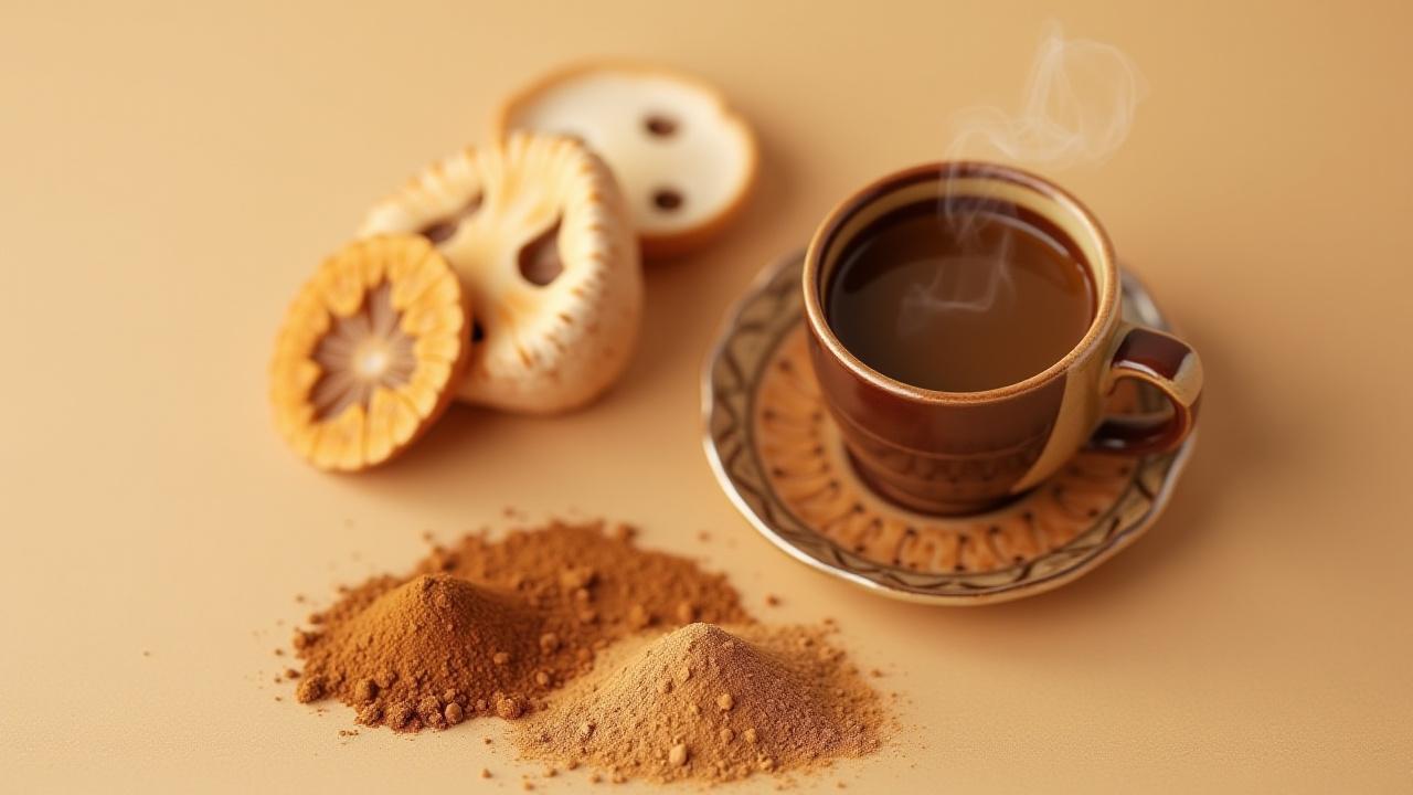 Una taza de café humeante de Mictlan Mornings junto a hongos Lion's Mane, Reishi y raíz de Maca en un entorno natural.