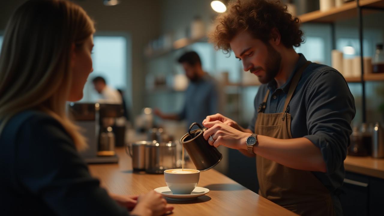 Un barista experto texturizando leche con arte en una máquina de espresso de alta gama, con enfoque en sus manos y la cremosidad de la espuma. Otros baristas en entrenamiento observan atentamente.