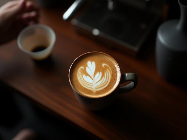 Barista preparando un café latte art complejo en una taza de cerámica artesanal.