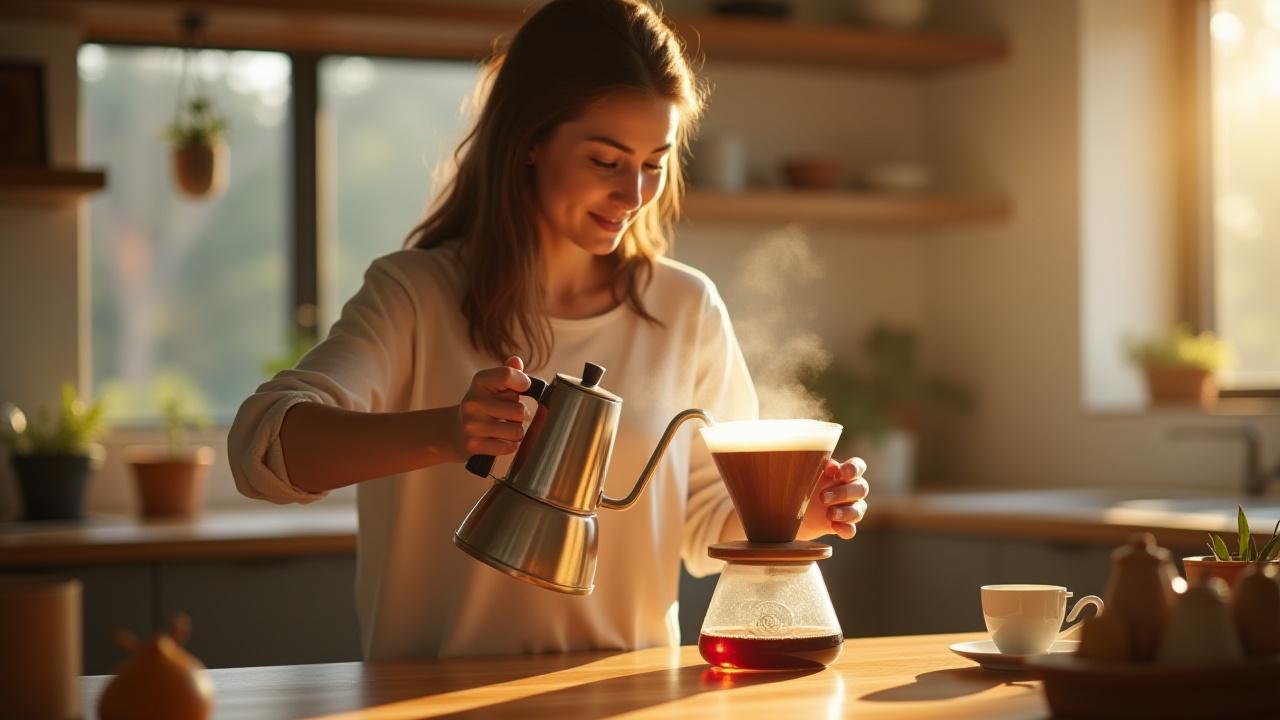 Mujer preparando café con método pour-over en una cocina moderna y ordenada